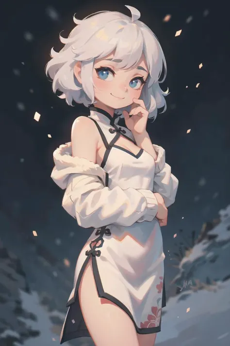 hand on own cheek, mature, curly short hair,    [confused face|[angry face|smile face]],          delicate tiny breasts,  Bare Shoulders Chinese Side Slit Dress, (china, chinese culture), (silver background), jacket, winter, snow, snowing, white particles,   <lora:aki:0.45>, <lora:3DMM_V10:0.45>, 3DMM