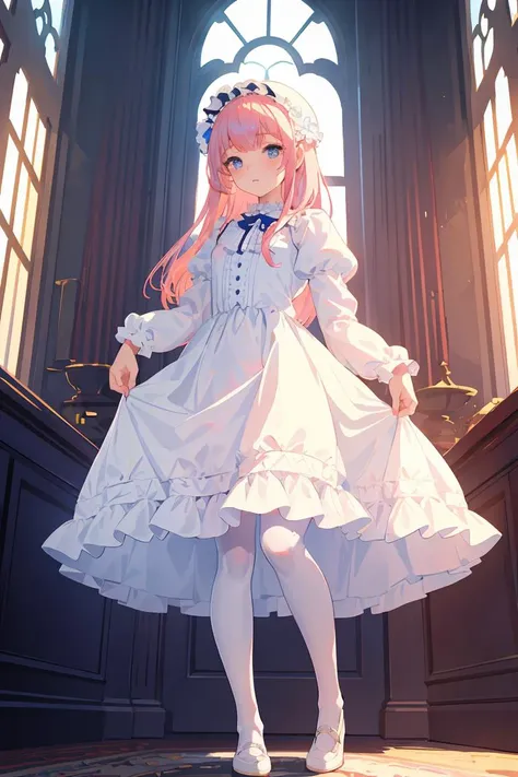 (masterpiece, best quality), 1girl, blue and white frill dress, (white stockings), pink hair, cute face, standing, indoor, intricate detail, sunlight,