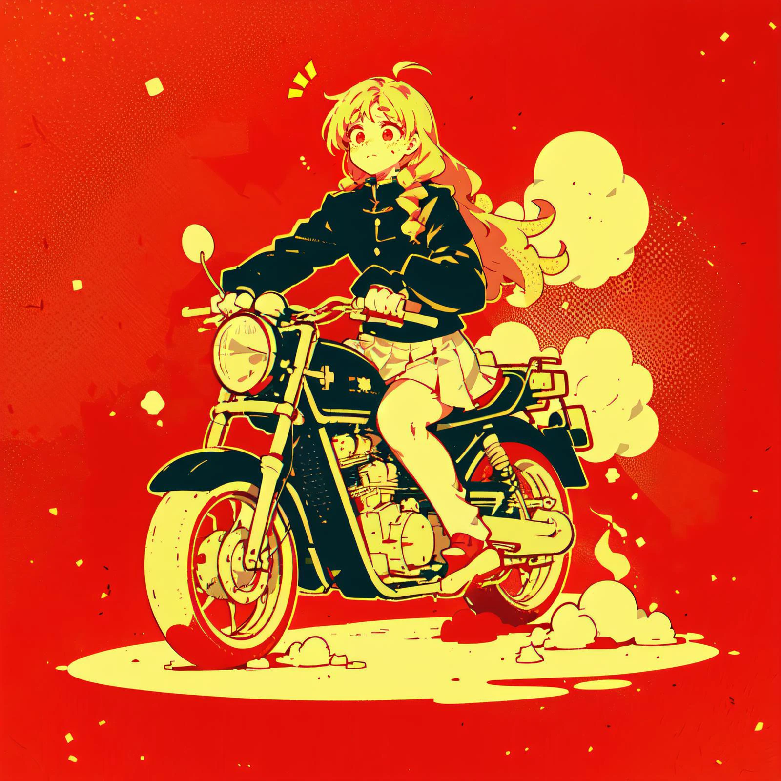 (best quality, masterpiece:1.1), full body, (1female), embarrassed face, orange hair, long hair, messy hair, cornrows, detailed costume, black military coat, white military uniform, white pleated skirt, ( ground vehicle, motor vehicle, motorcycle), <lora:jbs2:1.2>, contest, illustration, comic, halftone