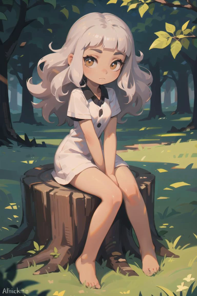 (Sitting On Tree Stump With Legs Apart, Arm On Knee), mature, silver hair, forehead, wavy hair, blunt bangs, (completely dark skin), african, lovely small breasts, <lora:aki:0.45>, <lora:3DMM_V10:0.45>, 3DMM