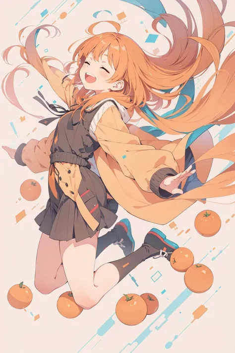 white background, wide shot, 1girl, from side, looking to the side, orange hair, undercut, crossed bangs, closed eyes, happy, :d, teeth, jumping, arms up, floating tangerines <lora:midjourney_20230624181825:0.4> <lora:widemouth_v100-:0.2> <lora:BArtstyleREv3-CF3-Lion:0.3>