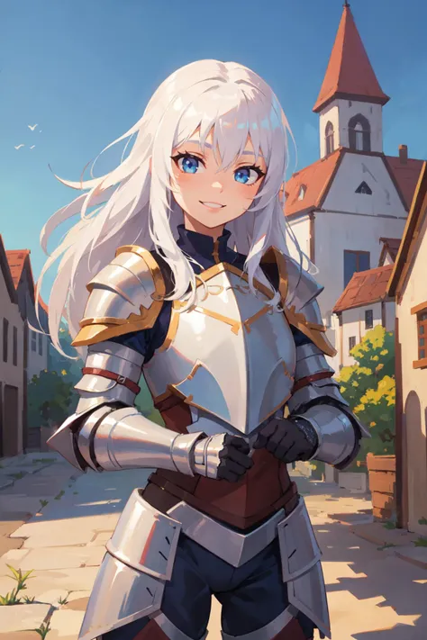 masterpiece, best quality,
cowboy shot,
1girl, solo, white hair, long hair, blue eyes, finely-detailed eyes, iris, looking at viewer, smile,
standing, detailed armor, paladin, (silver armor:1.1),
town, village