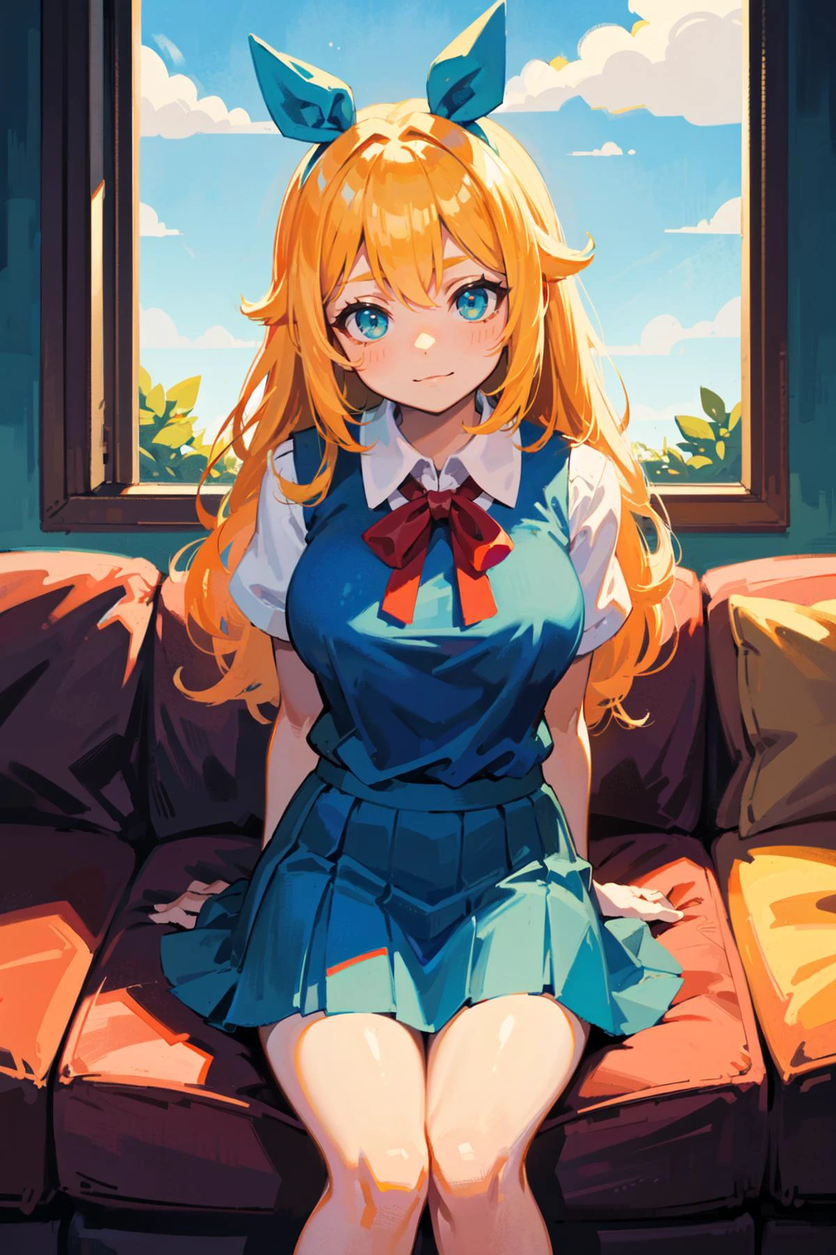 (sitting on couch), arms behind back, BREAK      female,   pointy  hair, yellow colored big hair ribbon,             lovely giant breasts,   (cyan blouse, blue skirt), BREAK  [Glittering Sky],   (best quality, masterpiece:1.1),