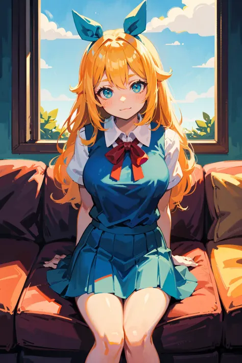 (sitting on couch), arms behind back, BREAK     12 year old female,   pointy  hair, yellow colored big hair ribbon,             lovely giant breasts,   (cyan blouse, blue skirt), BREAK  [Glittering Sky],   (best quality, masterpiece:1.1),