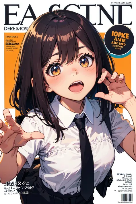 (best quality, masterpiece:1.1), (Intricate detailed:1.2), <lora:Better light:0.5>,  ((close up,   (facing up:1.2),  1girl, Yawning, brown hair, medium hair, pointy hair,        white collared shirt, black pants, black necktie, open shoulder shirt BREAK ( (magazine, magazine cover background, simple background:1.1)) in the background,  ):0.8)