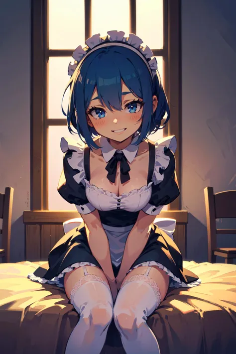 (best quality, masterpiece), <lora:Better light:0.5>,  close up,     (1girl), joyful face, blue hair, asymmetrical bangs, hair over eyes,        (lace maid dress, maid skirt, white thighhighs, see-through),(navel:1.3, thighs, cleavage:0.3), ( (in a dimly lit room, magician's room), glowing lights, flickering lights, (fantasy, medieval, ancient)),