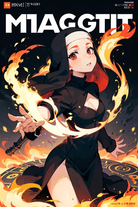 (magic staff, (holding magic staff), enchant, magic circle, dynamic pose), (intence flame:1.2), flame tornado, (red flame magic), magician, (flame swirling around the character), (flame around staff:0.8), flame particles, BREAK    18 year old female looking up, short   forehead,      gentle face,         delicate tiny breasts,   nun, black cassock, black nun veil, BREAK  (magazine, magazine cover background, simple background:1.1),   (best quality, masterpiece:1.1),