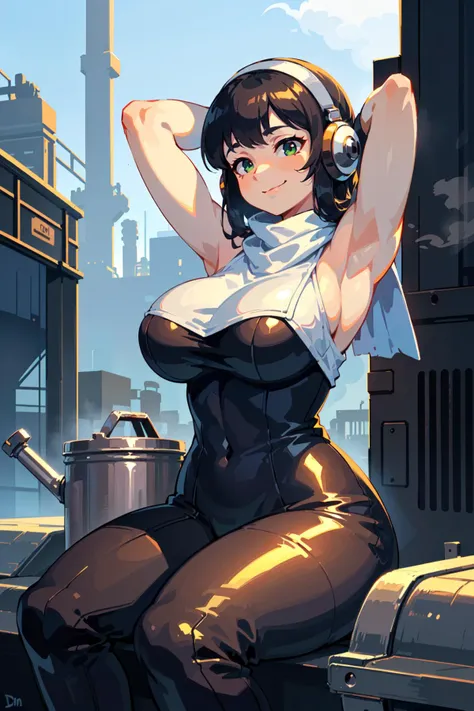 (best quality, masterpiece),  upper body,      armpits, arms behind head, sitting, wariza, (1girl), (solo:0.8), (milf, mature), curvy,        lovely large breasts,  desired face, smile,    heavy breathing, green eye,   black hair, asymmetrical bangs, wavy hair,        winter clothes, earmuffs, gloves, white scarf, (outdoors, (many kinds of pots), modern exterior, city, (the exterior of a modern building), tree, street),  ((modern, (dieselpunk), smog, dim tones, thick fog, (glossy metal machines, glossy mechanical, glossy metal, shiny silver), heavy industry, exhaust emissions:1.2), )