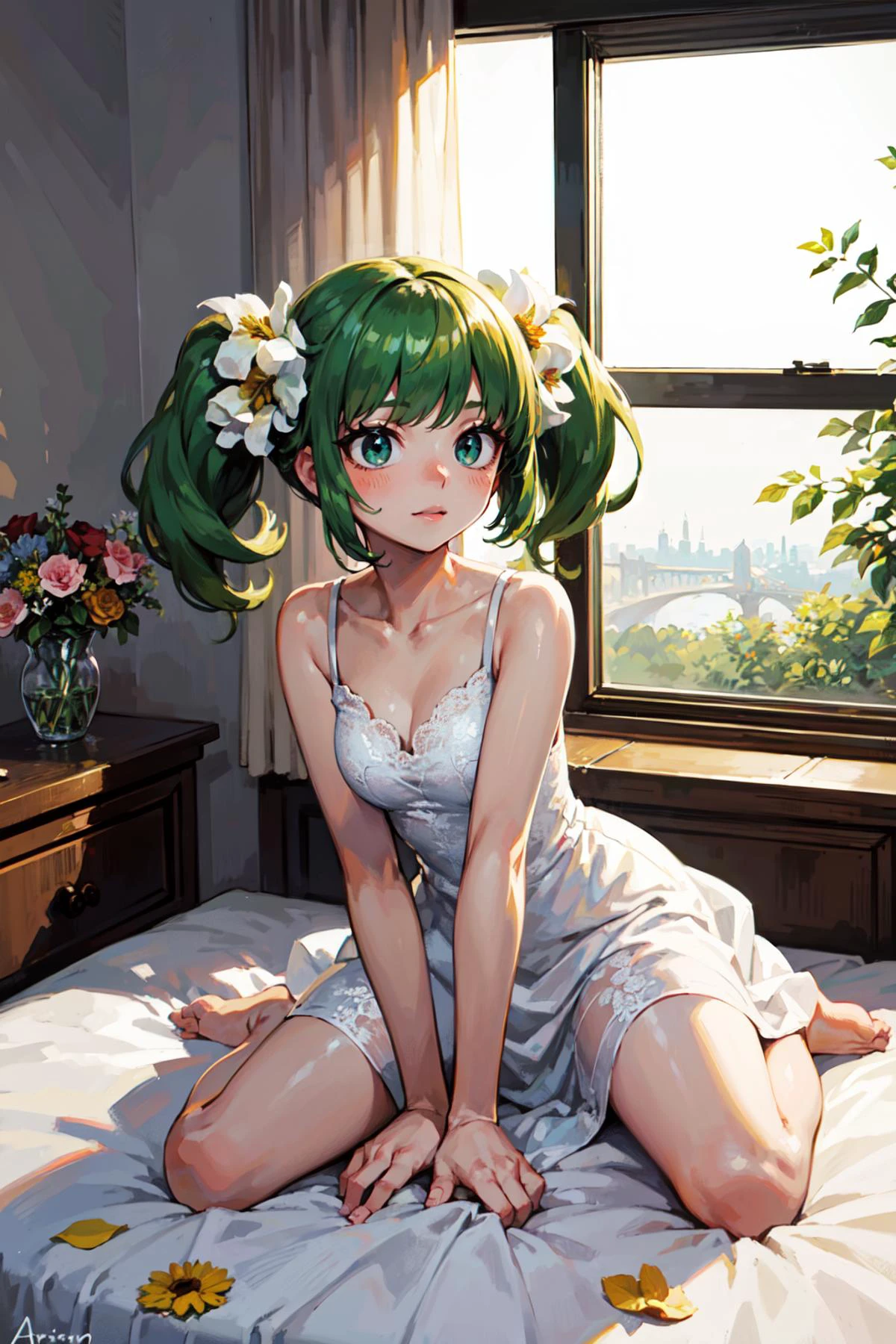 full body, dynamic angle, looking outside, (1female), aroused face, green hair, asymmetrical bangs, curly hair, short twintails, white wedding dress, (flowers are scattered on the bed:1.2), window, (best quality, masterpiece:1.1), scenery,