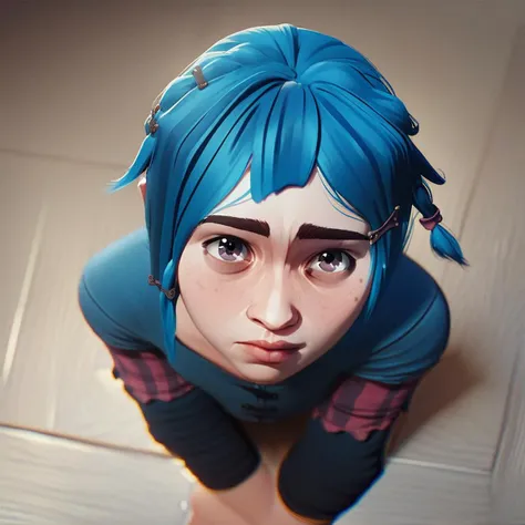 score_9, score_8_up, score_7_up, score_6_up, score_5_up, score_4_up, 1girl, PowderJinx, blue hair, braid, sitting on the floor, looking up at viewer