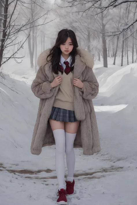1girl,solo,outdoors,,ruanyi150,fur coat,coat,school uniform,pleated skirt,white thighhighs,sneakers,, best quality,masterpiece,highres,official art,extremely detailed cg unity 8k wallpaper,upper body, school,snow,
<lora:0150 white fur coat_v1:0.7>