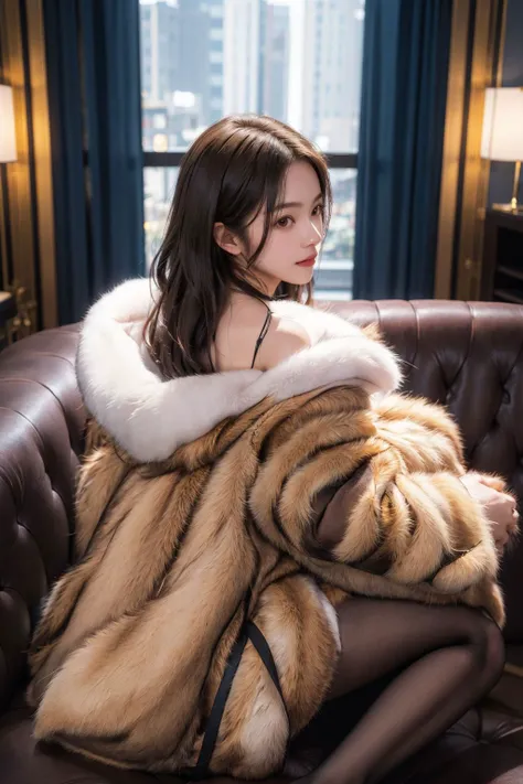 <lora:0241_brown_fur_coat_v1:0.6>,ruanyi0241,fur coat,fur dress,(nude:1.2),blonde hair,luxury bedroom,sitting on a luxury couch,zhubao,looking at viewer,full body,slender face,drill hair,(messy hair:1.2),koakuma,golden hour lighting,covered nipples,from behind, (masterpiece, best quality, high quality, highres, ultra-detailed),