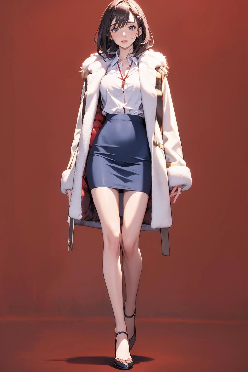 1girl,solo,medium breasts,outdoors,<lora:GoodHands-beta2:1>,(thigh gap:1.2),(red background),(full body:1.3),(white shirt:1.1),(pencil skirt:1.1),<lora:0241 brown fur coat_v1:0.8>,ruanyi0241,(fur coat:1.1),, best quality,masterpiece,highres,official art,extremely detailed cg unity 8k wallpaper