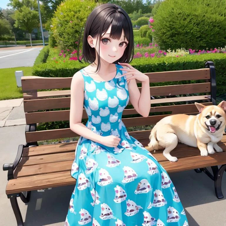 best quality, a girl sat in a bench, wearing a cocktail dress, (printed dogs pattern), detailed