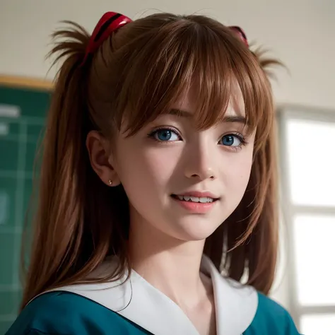 masterpiece,best quality,ultra-detailed,8K,detailed light,detailed shadow,RAW, (detailed skin),(realistic:1.2), 1girl,face,, souryuuasukalangley, <lora:asukaLangleySohryu_v9:1>, (3_middle_schoform), classroom
