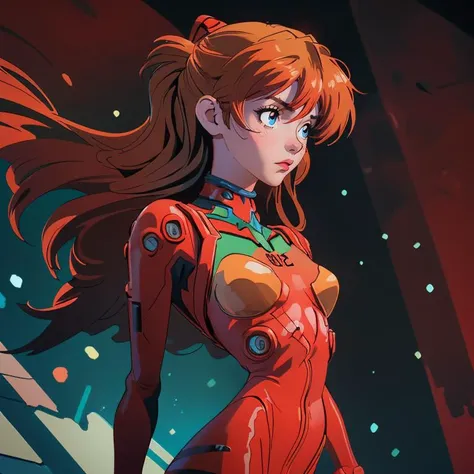 abstract expressionist painting of <lora:souryuuasukalangleyV9:1>, girl, hourglass body figure, plugsuit 02, (best quality, masterpiece, colorful, dynamic angle, highest detailed), (Asuka Langley), upperbody shot, fashion photography of cute, intense long red hair, dressing high detailed Evangelion red suit in dynamic pose, bokeh, light passing through hair, perfect golden hour, (abstract background:1.3), god rays., energetic brushwork, bold colors, abstract forms, expressive, emotional