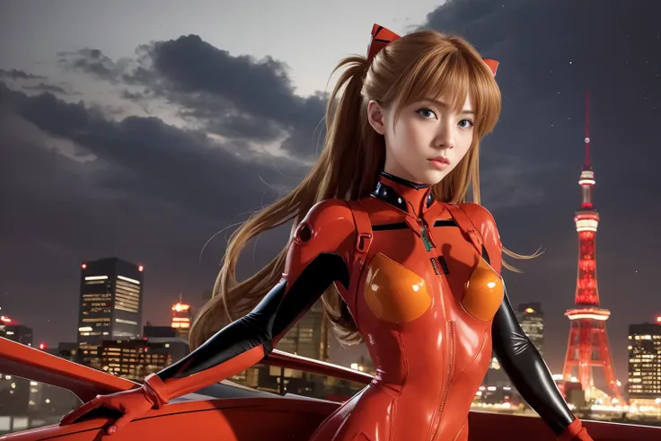 realistic far wide-angle photo, photorealistic, (HDR image:1.15), <lora:Project L:0.2>, ultra-detailed face, shiny eyes looking at the viewer with smile, <lora:souryuuasukalangleyV9:0.8>, (with an hourglass perfect body shape:0.2), (wearing in Asuka Langley Sohryu (plugsuit 02) with interface headset), at the top of Tokyo Tower (dark night), soft lighting