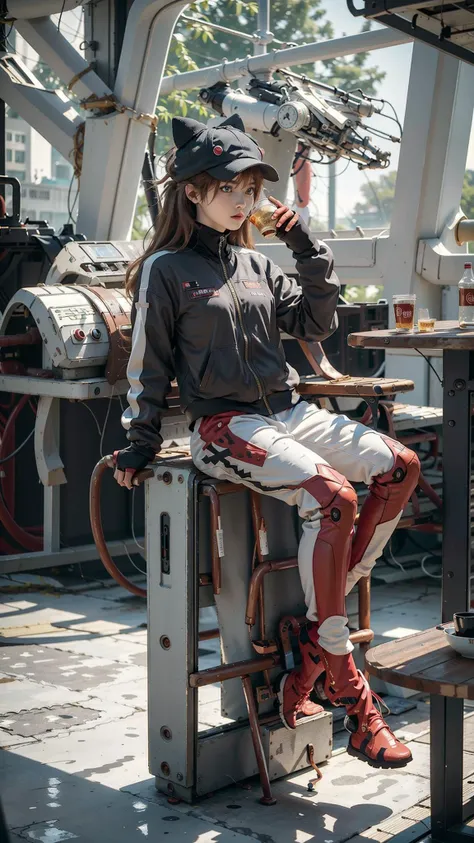 masterpiece, best quality, ultra highres, photorealistic 8K, 1girl, full body, souryuu asuka langley, (track jacket:1.2), plugsuit 02 under clothes, animal hat, interface headset, long hair, sitting, drinking, holding a cup of cola, <lora:souryuuasukalangleyV9:0.8>, science fiction, spacecraft, indoors, <lora:IvoryGoldAIv2:1>, from below