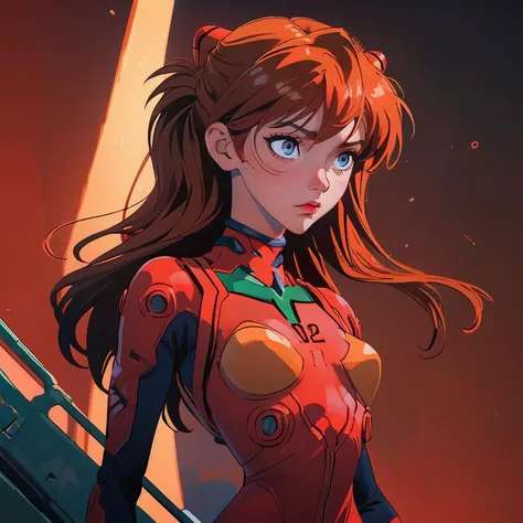 abstract expressionist painting of <lora:souryuuasukalangleyV9:1>, girl, hourglass body figure, plugsuit 02, (best quality, masterpiece, colorful, dynamic angle, highest detailed), (Asuka Langley), upperbody shot, fashion photography of cute, intense long red hair, dressing high detailed Evangelion red suit in dynamic pose, bokeh, light passing through hair, perfect golden hour, (abstract background:1.3), god rays., energetic brushwork, bold colors, abstract forms, expressive, emotional