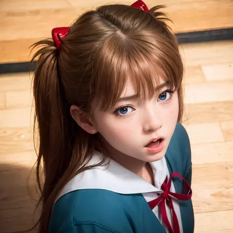 masterpiece,best quality,ultra-detailed,8K,detailed light,detailed shadow,RAW, (detailed skin),(realistic:1.2), 1girl,face,, souryuuasukalangley, <lora:asukaLangleySohryu_v9:1>, (3_middle_schoform), sed, open mouth, from above, classroom
