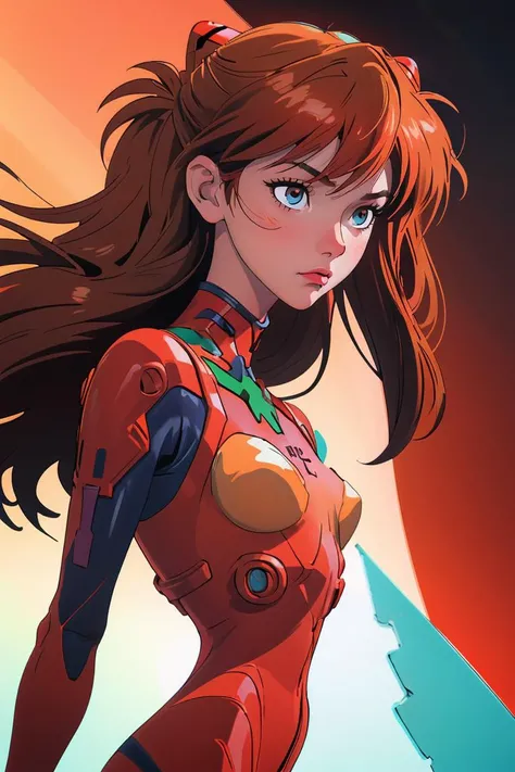 abstract expressionist painting of <lora:souryuuasukalangleyV9:1>, girl, hourglass body figure, plugsuit 02, (best quality, masterpiece, colorful, dynamic angle, highest detailed), (Asuka Langley), upperbody shot, fashion photography of cute, intense long red hair, dressing high detailed Evangelion red suit in dynamic pose, bokeh, light passing through hair, perfect golden hour, (abstract background:1.3), god rays., energetic brushwork, bold colors, abstract forms, expressive, emotional