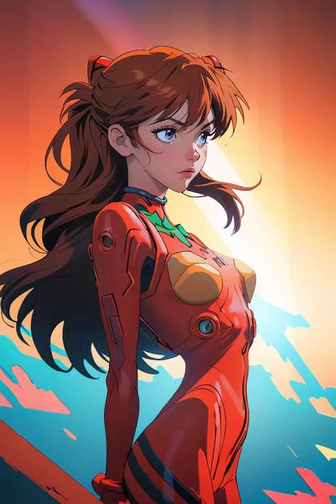 abstract expressionist painting of <lora:souryuuasukalangleyV9:1>, girl, hourglass body figure, plugsuit 02, (best quality, masterpiece, colorful, dynamic angle, highest detailed), (Asuka Langley), upperbody shot, fashion photography of cute, intense long red hair, dressing high detailed Evangelion red suit in dynamic pose, bokeh, light passing through hair, perfect golden hour, (abstract background:1.3), god rays., energetic brushwork, bold colors, abstract forms, expressive, emotional