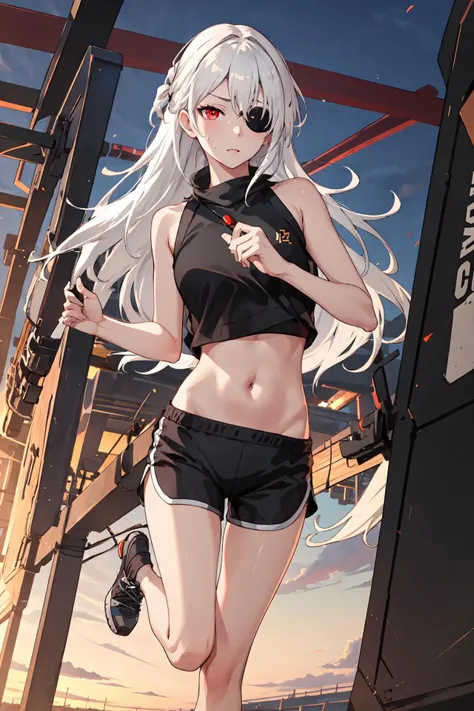 Masterpiece, best quality, perfect lighting, (nice hands), perfect hands, 1girl, solo, evelyn, white hair, long hair, red eyes, eyepatch, (crop-top:1.2), (sweatshorts:1.2), running, <lora:EvelynNC:0.6>