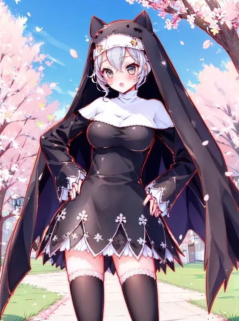 Sistermon Noir,1girl,(solo:1.1),thighhighs,nun,silver hair,breasts,zettai ryouiki,black thighhighs,grey eyes,<lora:ï¼äººç© 修女å
½é»ï¼Sistermon Noir:0.8>,STANCE,cherry blossoms,star \(sky\),arms behind back,, (masterpiece), (best quality), HDR, intricate detail,