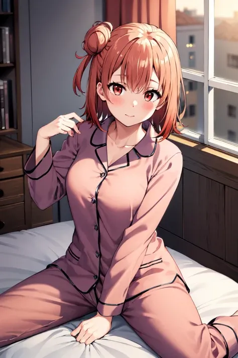 masterpiece, best quality, highres, aayui, short hair, single hair bun, red eyes, breasts, <lora:yuigahama_yui_v1:0.7>, pajamas, rooms, bed