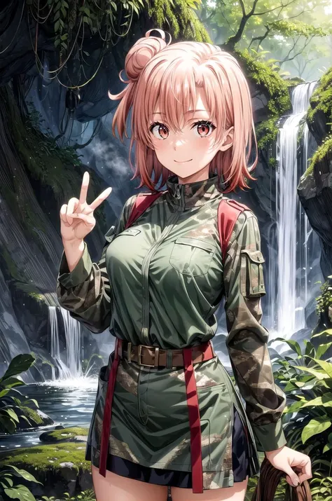 (masterpiece, best quality, detailed), 1girl, solo, looking at viewer, aayui, short hair, single hair bun, red eyes, breasts,
<lora:camouflage_uniform04:0.5>, wearing camouflage_uniform, jungle, nature, vines, moss, fern, tropical, dappled sunlight, parrot, waterfall, peace sign, smug, smile, closed mouth