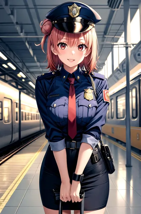 (masterpiece, best quality, detailed), 1girl, solo, looking at viewer, aayui, short hair, single hair bun, red eyes, breasts,
policewoman, police uniform, police hat, necktie, pencil skirt, armband, holster, indoors, train station, people, scenery, <lora:breasts_squeezed_together_v0.2:1> (breasts squeezed together, v arms), smile, parted lips