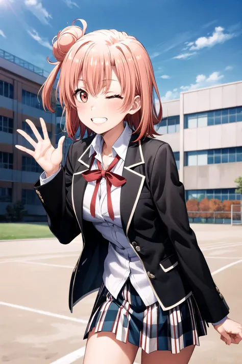 (masterpiece, best quality, detailed), 1girl, solo, looking at viewer, aayui, short hair, single hair bun, red eyes, breasts, neck ribbon, white shirt, dress shirt, blazer, black jacket, open jacket, long sleeves, plaid skirt,
grin, one eye closed, waving, hand up, <lora:school_yard_v0.1:1>, school yard, field