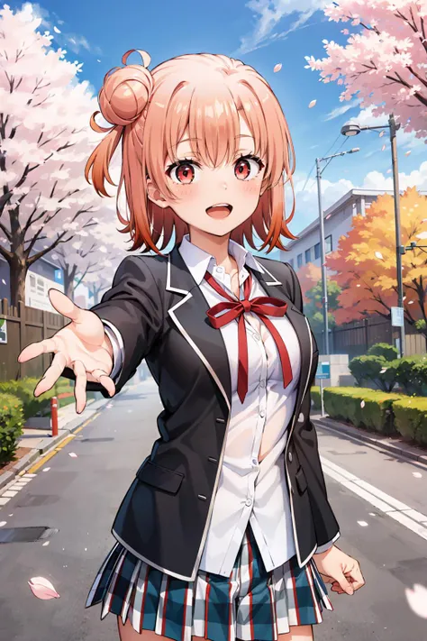 masterpiece, best quality, ultra-detailed, extremely detailed,illustration, 1girl, solo, aayui, short hair, single hair bun, red eyes, breasts, neck ribbon, white shirt, dress shirt, blazer, black jacket, open jacket, long sleeves, plaid skirt, large breasts, smile, open mouth, outstretched arms, school, outdoors, cherry blossoms, falling petals, cowboy shot, dutch angle,  <lora:yuigahama_yui_v1:0.8>