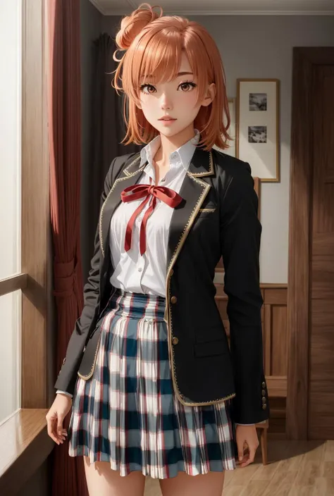 aayui,orange hair,short hair,single hair bun,red eyes,neck ribbon, <lora:Юи OreGairu(aayui,orange hair,short hair,single hair bun,red eyes,neck ribbon(white shirt,dress shirt,blazer,black jacket,open jacket,long sleeves,plaid skirt):0.7>white shirt,dress shirt,blazer,black jacket,open jacket,long sleeves,plaid skirt, (((masterpiece))), (((best quality))), (((illustration))), (((finely detail))), ((extremely detailed cg unity 8k wallpaper, highres)), (beautiful detailed face and eyes and hair:1.1), (an extremely delicate and beautiful girl:1.2), ultra-detailed, ultra high res, high quality, 4K, extreamly delicate and beautiful, full_body, standing, in full growth, hourglass waist