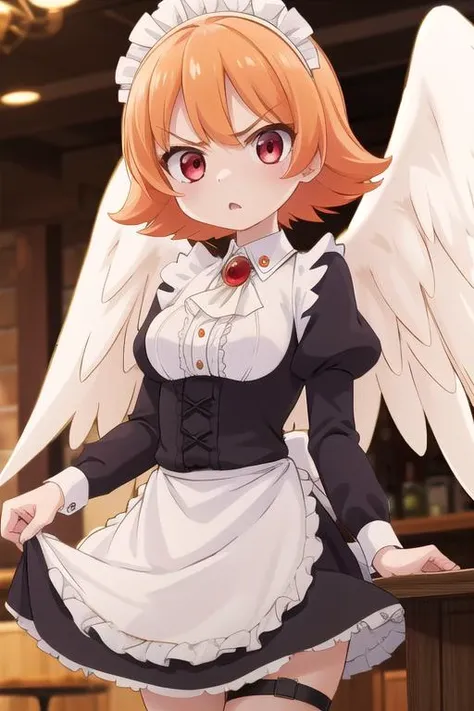 masterpiece,ultra detail,best quality,girl,blush,angry,fist,meidri, short hair, bangs, (red eyes:1.3), orange hair, flipped hair, <lora:meidri s1-lora-nochekaiser:0.7>long sleeves, dress, jewelry, frills, wings, puffy sleeves, apron, maid, maid headdress, thigh strap, juliet sleeves, brooch, white apron, feathered wings, maid apron, puffy long sleeves, white wings,upper body,fantasy age bar,table,
