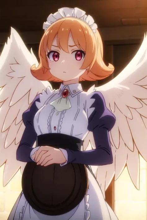 meidri, <lora:meidri s1-lora-nochekaiser:1>,
meidri, short hair, bangs, (red eyes:1.3), orange hair, flipped hair,
BREAK long sleeves, dress, jewelry, frills, wings, puffy sleeves, apron, maid, maid headdress, thigh strap, juliet sleeves, brooch, white apron, feathered wings, maid apron, puffy long sleeves, white wings,
BREAK indoors,
BREAK looking at viewer, (cowboy shot:1.5),
BREAK <lyco:GoodHands-beta2:1>, (masterpiece:1.2), best quality, high resolution, unity 8k wallpaper, (illustration:0.8), (beautiful detailed eyes:1.6), extremely detailed face, perfect lighting, extremely detailed CG, (perfect hands, perfect anatomy),