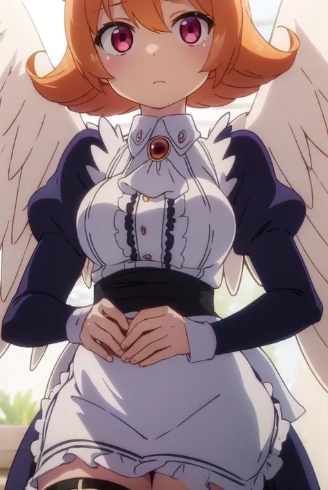 meidri, <lora:meidri s1-lora-nochekaiser:1>,
meidri, short hair, bangs, (red eyes:1.3), orange hair, flipped hair,
BREAK long sleeves, dress, jewelry, frills, wings, puffy sleeves, apron, maid, maid headdress, thigh strap, juliet sleeves, brooch, white apron, feathered wings, maid apron, puffy long sleeves, white wings,
BREAK indoors,
BREAK looking at viewer, (cowboy shot:1.5),
BREAK <lyco:GoodHands-beta2:1>, (masterpiece:1.2), best quality, high resolution, unity 8k wallpaper, (illustration:0.8), (beautiful detailed eyes:1.6), extremely detailed face, perfect lighting, extremely detailed CG, (perfect hands, perfect anatomy),