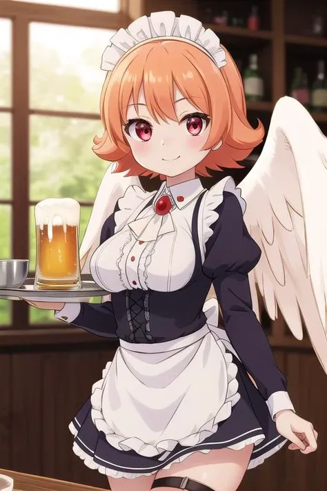 masterpiece,ultra detail,best quality,girl,blush,smile,serving beer on tray,meidri, short hair, bangs,(red eyes:1.3) , orange hair, flipped hair, <lora:meidri s1-lora-nochekaiser:0.7>long sleeves, dress, jewelry, frills, wings, puffy sleeves, apron, maid, maid headdress, thigh strap, juliet sleeves, brooch, white apron, feathered wings, maid apron, puffy long sleeves, white wings,upper body,fantasy age bar,table,