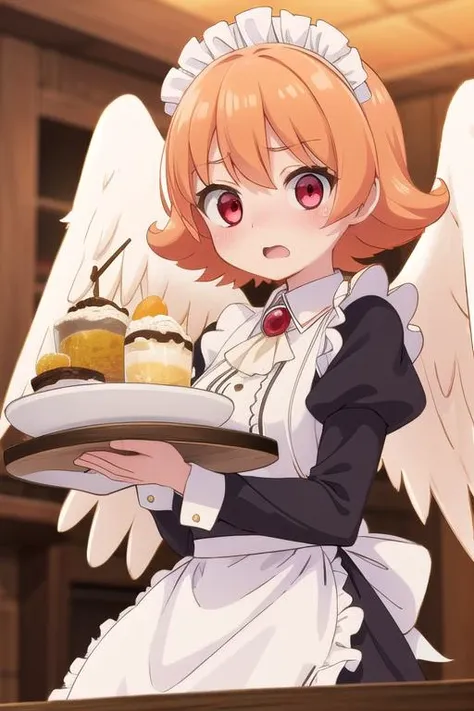 masterpiece,ultra detail,best quality,girl,blush,shy,open mouth,meidri, short hair, bangs, (red eyes:1.3), orange hair, flipped hair, <lora:meidri s1-lora-nochekaiser:0.7>long sleeves, dress, jewelry, frills, wings, puffy sleeves, apron, maid, maid headdress, thigh strap, juliet sleeves, brooch, white apron, feathered wings, maid apron, puffy long sleeves, white wings,upper body,fantasy age bar,table,serving food on tray