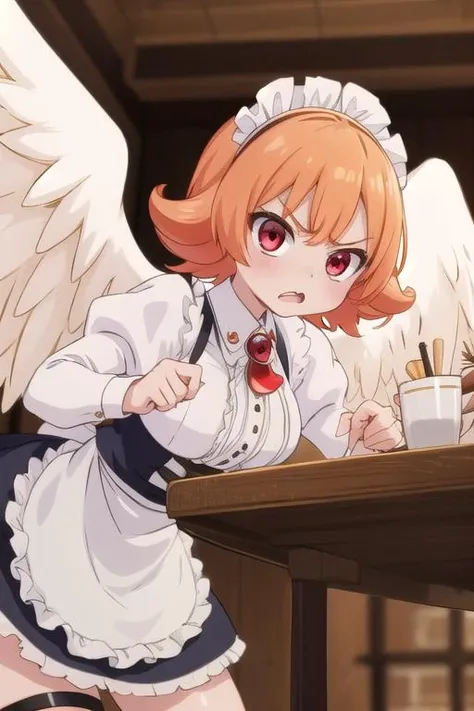 masterpiece,ultra detail,best quality,girl,blush,angry,fist,,fighting stance,meidri, short hair, bangs, (red eyes:1.3), orange hair, flipped hair, <lora:meidri s1-lora-nochekaiser:0.7>long sleeves, dress, jewelry, frills, wings, puffy sleeves, apron, maid, maid headdress, thigh strap, juliet sleeves, brooch, white apron, feathered wings, maid apron, puffy long sleeves, white wings,upper body,fantasy age bar,table,