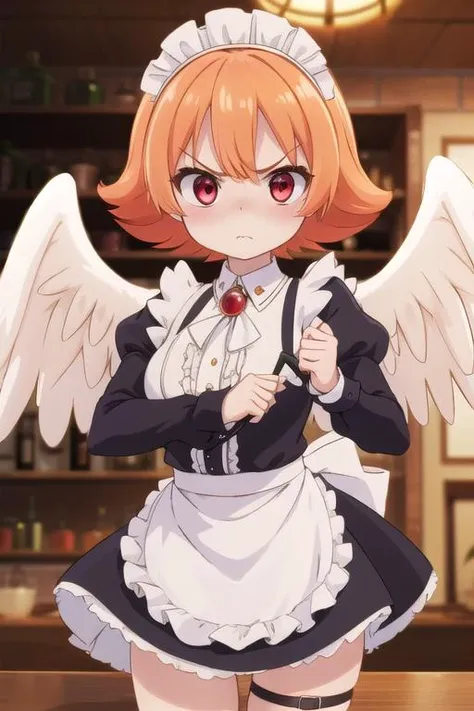 masterpiece,ultra detail,best quality,girl,blush,angry,fist,,fighting stance,meidri, short hair, bangs, (red eyes:1.3), orange hair, flipped hair, <lora:meidri s1-lora-nochekaiser:0.7>long sleeves, dress, jewelry, frills, wings, puffy sleeves, apron, maid, maid headdress, thigh strap, juliet sleeves, brooch, white apron, feathered wings, maid apron, puffy long sleeves, white wings,upper body,fantasy age bar,table,