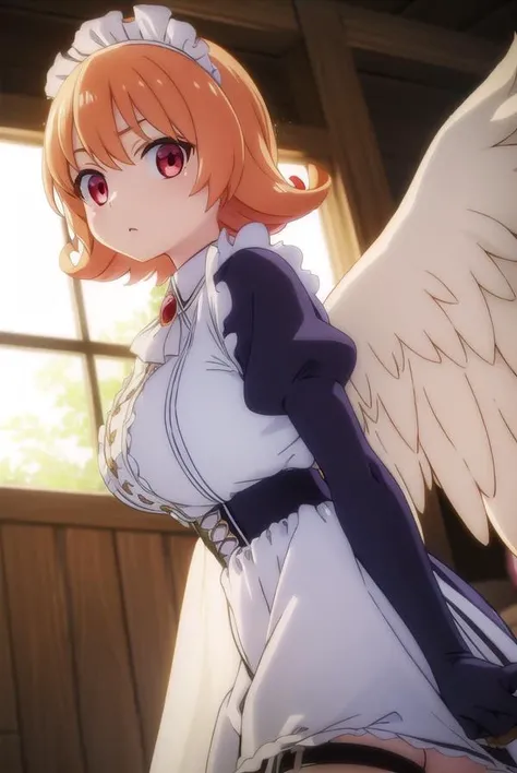 meidri, <lora:meidri s1-lora-nochekaiser:1>,
meidri, short hair, bangs, (red eyes:1.3), orange hair, flipped hair,
BREAK long sleeves, dress, jewelry, frills, wings, puffy sleeves, apron, maid, maid headdress, thigh strap, juliet sleeves, brooch, white apron, feathered wings, maid apron, puffy long sleeves, white wings,
BREAK indoors,
BREAK looking at viewer, (cowboy shot:1.5),
BREAK <lyco:GoodHands-beta2:1>, (masterpiece:1.2), best quality, high resolution, unity 8k wallpaper, (illustration:0.8), (beautiful detailed eyes:1.6), extremely detailed face, perfect lighting, extremely detailed CG, (perfect hands, perfect anatomy),