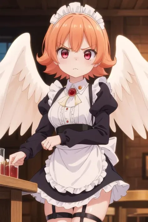 masterpiece,ultra detail,best quality,girl,blush,angry,fist,meidri, short hair, bangs, (red eyes:1.3), orange hair, flipped hair, <lora:meidri s1-lora-nochekaiser:0.7>long sleeves, dress, jewelry, frills, wings, puffy sleeves, apron, maid, maid headdress, thigh strap, juliet sleeves, brooch, white apron, feathered wings, maid apron, puffy long sleeves, white wings,upper body,fantasy age bar,table,