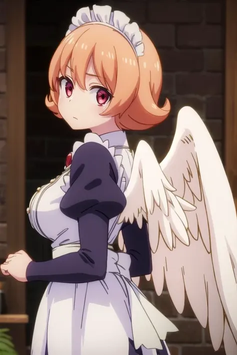 meidri, <lora:meidri s1-lora-nochekaiser:1>,
meidri, short hair, bangs, (red eyes:1.3), orange hair, flipped hair,
BREAK long sleeves, dress, jewelry, frills, wings, puffy sleeves, apron, maid, maid headdress, thigh strap, juliet sleeves, brooch, white apron, feathered wings, maid apron, puffy long sleeves, white wings,
BREAK indoors,
BREAK looking at viewer, (cowboy shot:1.5),
BREAK <lyco:GoodHands-beta2:1>, (masterpiece:1.2), best quality, high resolution, unity 8k wallpaper, (illustration:0.8), (beautiful detailed eyes:1.6), extremely detailed face, perfect lighting, extremely detailed CG, (perfect hands, perfect anatomy),