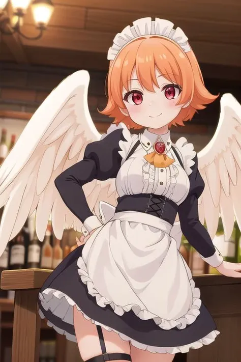 masterpiece,ultra detail,best quality,girl,blush,smile,serving beer on tray,meidri, short hair, bangs,(red eyes:1.3) , orange hair, flipped hair, <lora:meidri s1-lora-nochekaiser:0.7>long sleeves, dress, jewelry, frills, wings, puffy sleeves, apron, maid, maid headdress, thigh strap, juliet sleeves, brooch, white apron, feathered wings, maid apron, puffy long sleeves, white wings,upper body,fantasy age bar,table,