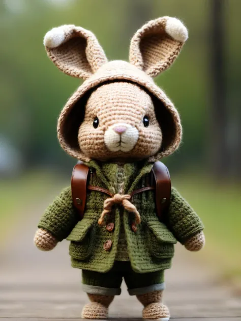 BJ_Sewing_doll,Rabbit,solo,looking_at_viewer,long_sleeves,standing,full_body,hood,bag,blurry,black_eyes,no_humans,blurry_background,animal,backpack,green_jacket,
Best quality,masterpiece,<lora:SDXL_Sewing_doll:0.7>,