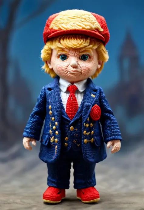 a photo of <<lora:SDXL_Sewing_dol_v2:1> BJ_Sewing_doll - donald trump doll, blue suit, red cap, surreal, intricate details, textured, high resolution, beautiful, highest quality, masterpiece, highly detailed