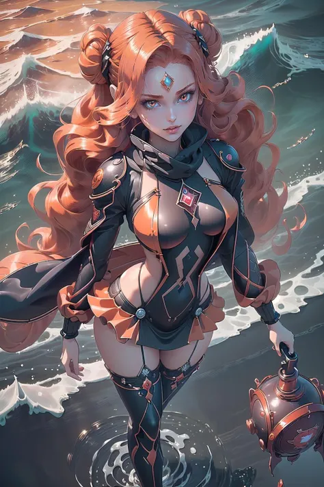 (masterpiece, best_quality, ultra-detailed, immaculate:1.3), epic, illustration, welcoming, depth of field, 1girl, (diamond orange shadowdancer:1.3), (in in the deep chaotic ocean:1.3), (full body:1.4), crimson hair, hair bun,very long hair, [:seductive costume design:0.2], scarf,(from above:1.45), tall, athletic hourglass figure,skindentation, (bomber jacket:1.2), chinese<lyco:EnvyBeautyMix04:1>