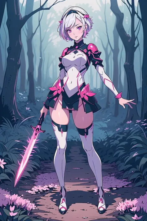 (masterpiece, best_quality, ultra-detailed, immaculate:1.3), epic, illustration, welcoming, depth of field, 1girl, (blade infrared ra:1.3), (in a  spring forest:1.3), scenery, (full body:1.4), white hair, short bombshell hair, , pink eyes, [:outlandish, outlandish costume design:0.2], bent over, albino<lyco:EnvyBeautyMix04:1>