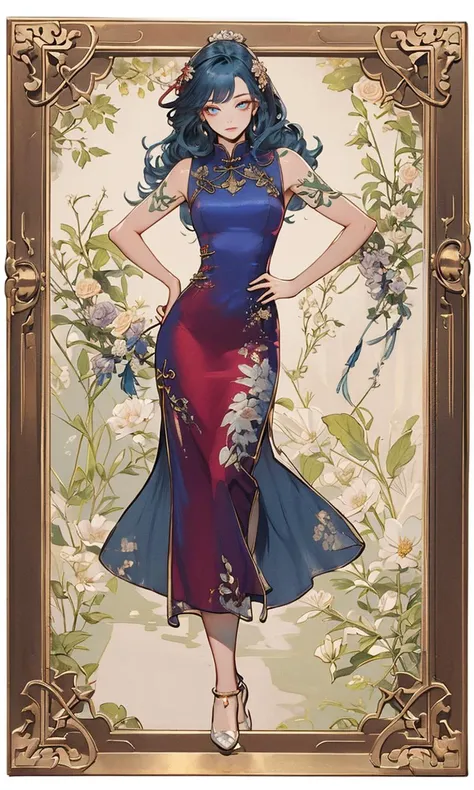 masterpiece, 1girl , blue hair, long flowing hair, red eyes, (red and silver dress), stone, lamp, flowers, ((looking at viewer)), full body   <lora:EF-concept_master_1.0:1.5> [(gold background: 1.4)::5], TBCC ILLUSTRATION <lora:TranslucentSkinV1:0.5> translucent skin <lora:actioncv1:0.5> <lora:venus body2:0.15> venusbody <lora:zyd232_ChineseInkStyle_v1_0:0.5> zydink <lora:ChinaDress:0.5> china dress <lora:CL-EnvyBeautyMix04:0.5><lora:EF-GoodHands-beta2:0.5><lora:EF-GoodHands-beta2:0.5>